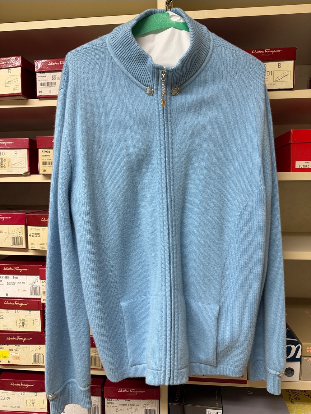 St. John Cashmere Sky Blue zipfront cardigan